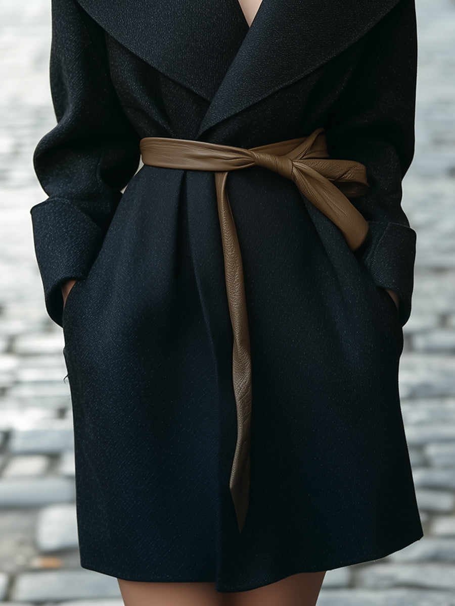 Black Shawl-Collar Belted Wrap Coat