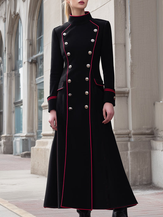 Regal Black Military-Inspired Long Coat With Red Piping