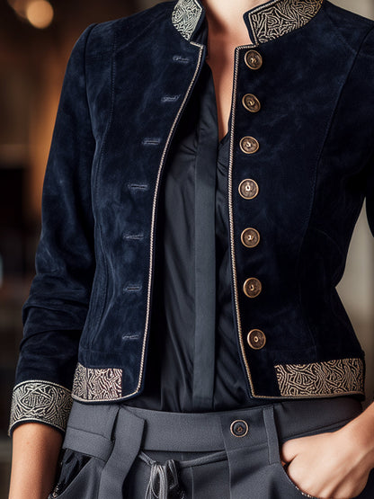 Navy Suede Embroidered Military-Inspired Jacket