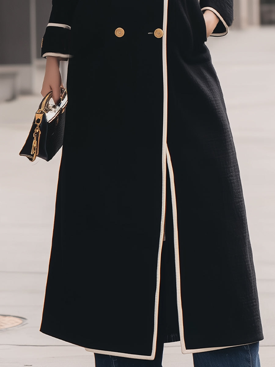 Elegant Contrast-Trim Double-Breasted Belted Long Coat