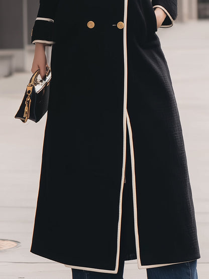 Elegant Contrast-Trim Double-Breasted Belted Long Coat