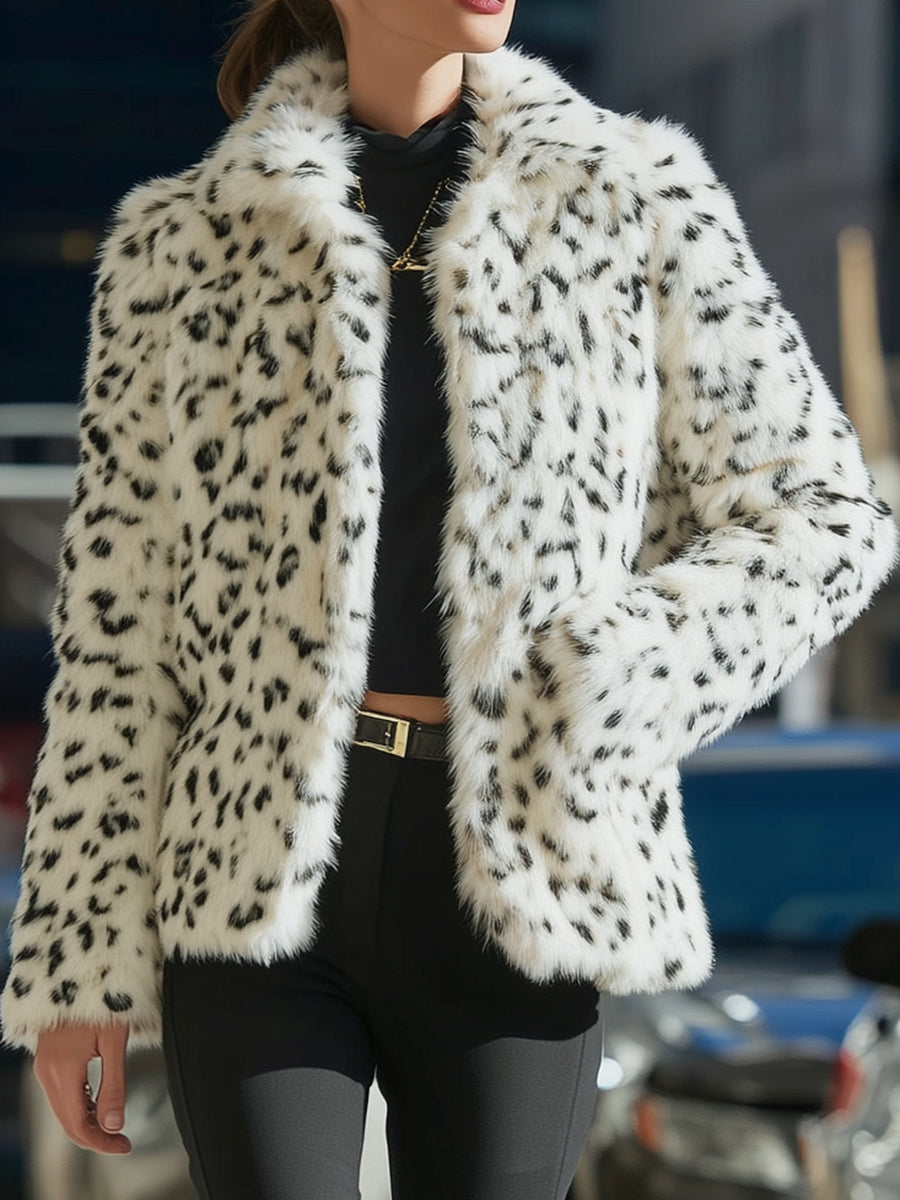 Mooyius White Faux Fur Leopard Print Coat