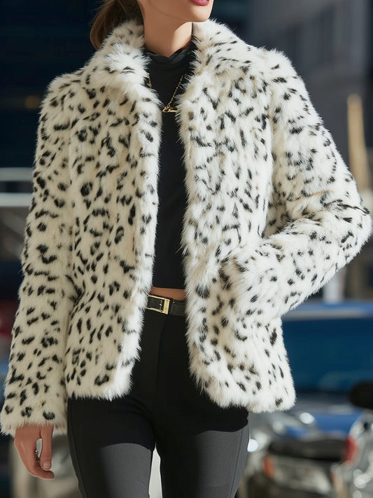 Mooyius White Faux Fur Leopard Print Coat