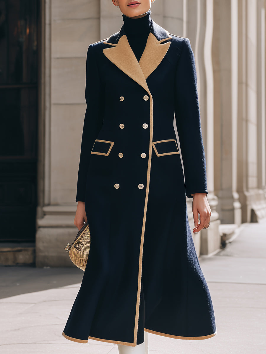 Navy Blue Double - Breasted Coat With Camel Contrast Details