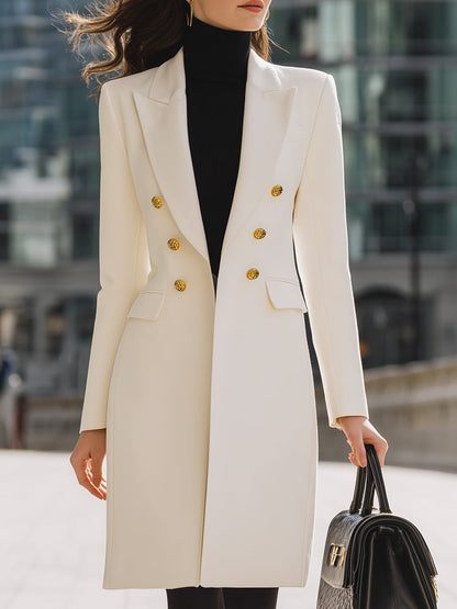 Elegant White Double-Breasted Blazer Coat With Gold Button Detailing