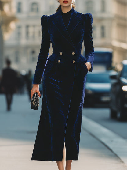 Midnight Blue Velvet Double-Breasted Long Coat