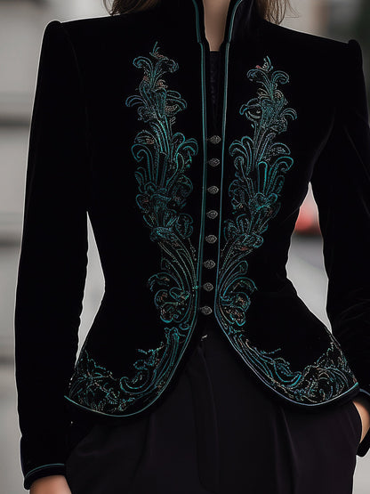 Elegant Velvet Embroidered Tailored Jacket With Buttons