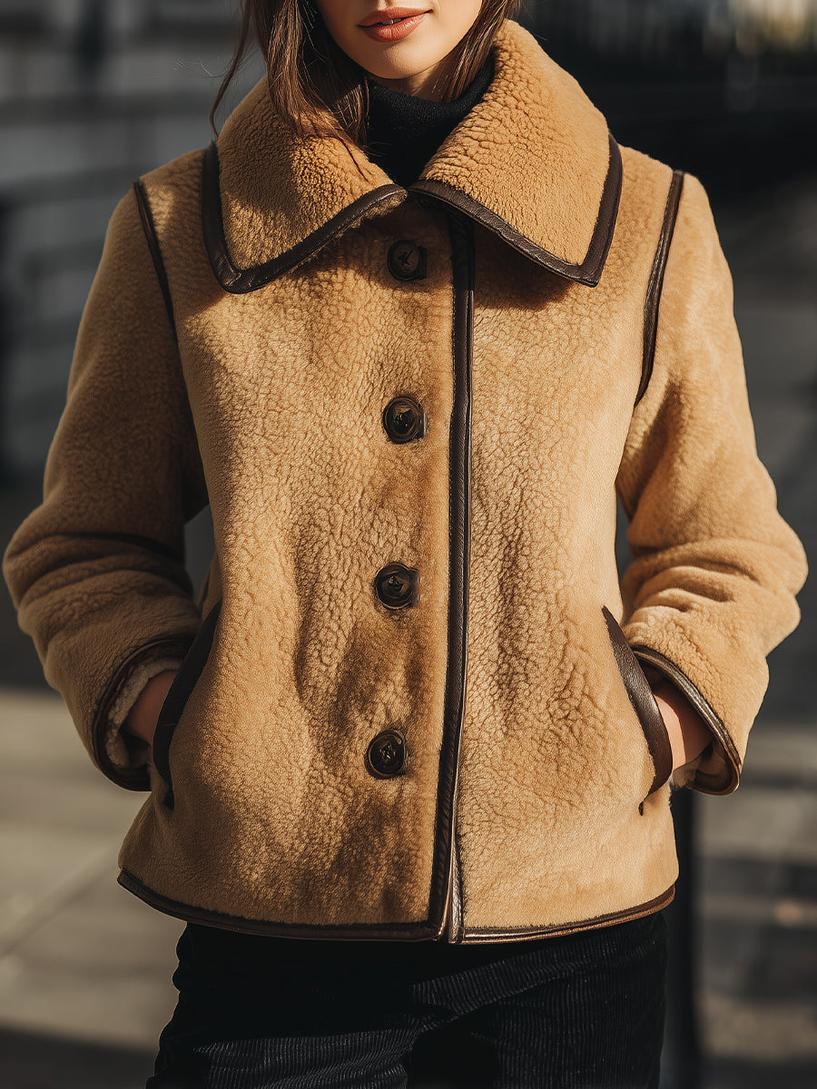 Mooyius Camel Faux Shearling Button-Up Jacket