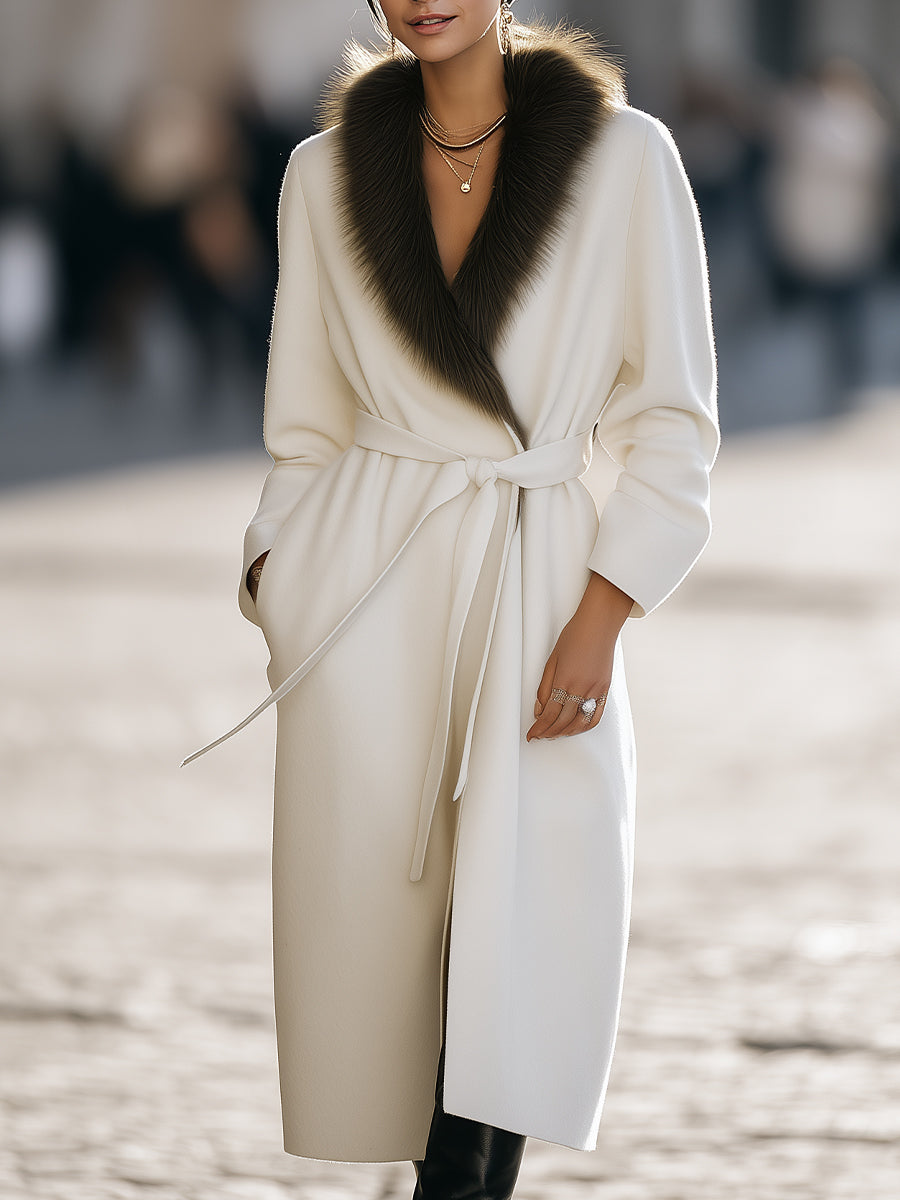 Ivory Wool Coat With Fur Collar And Belt