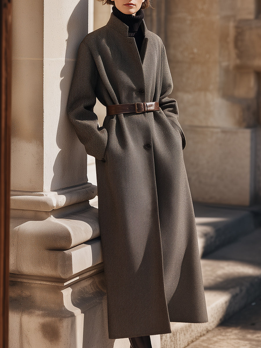 Charcoal Belted Wool Overcoat