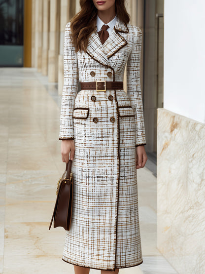 Tweed Contrast Trim Long Coat With Waist Belt