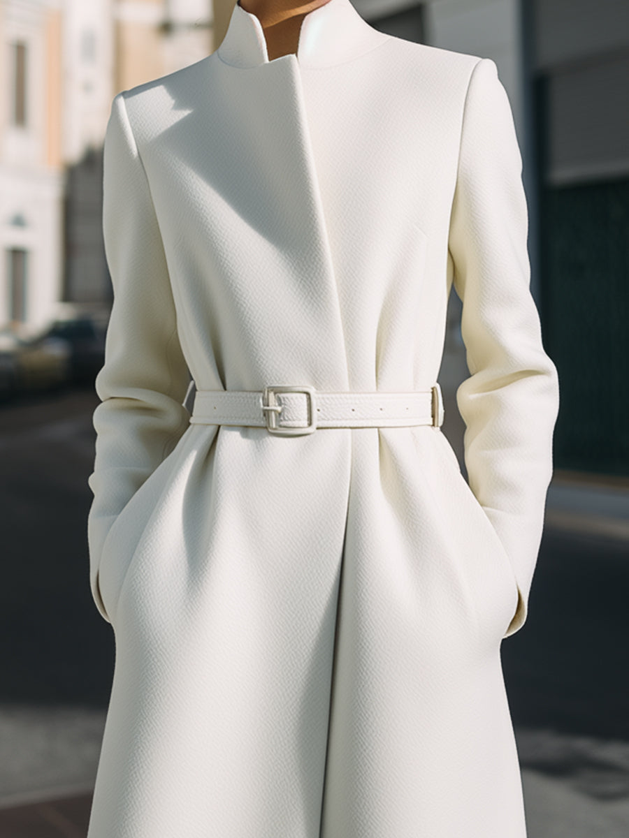 White Belted Structured Midi Coat