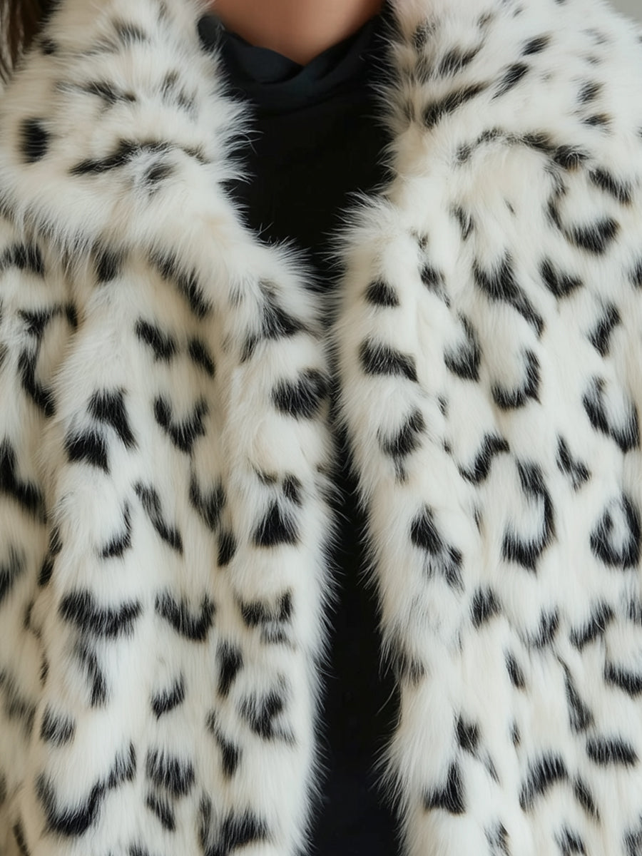 Mooyius White Faux Fur Leopard Print Coat