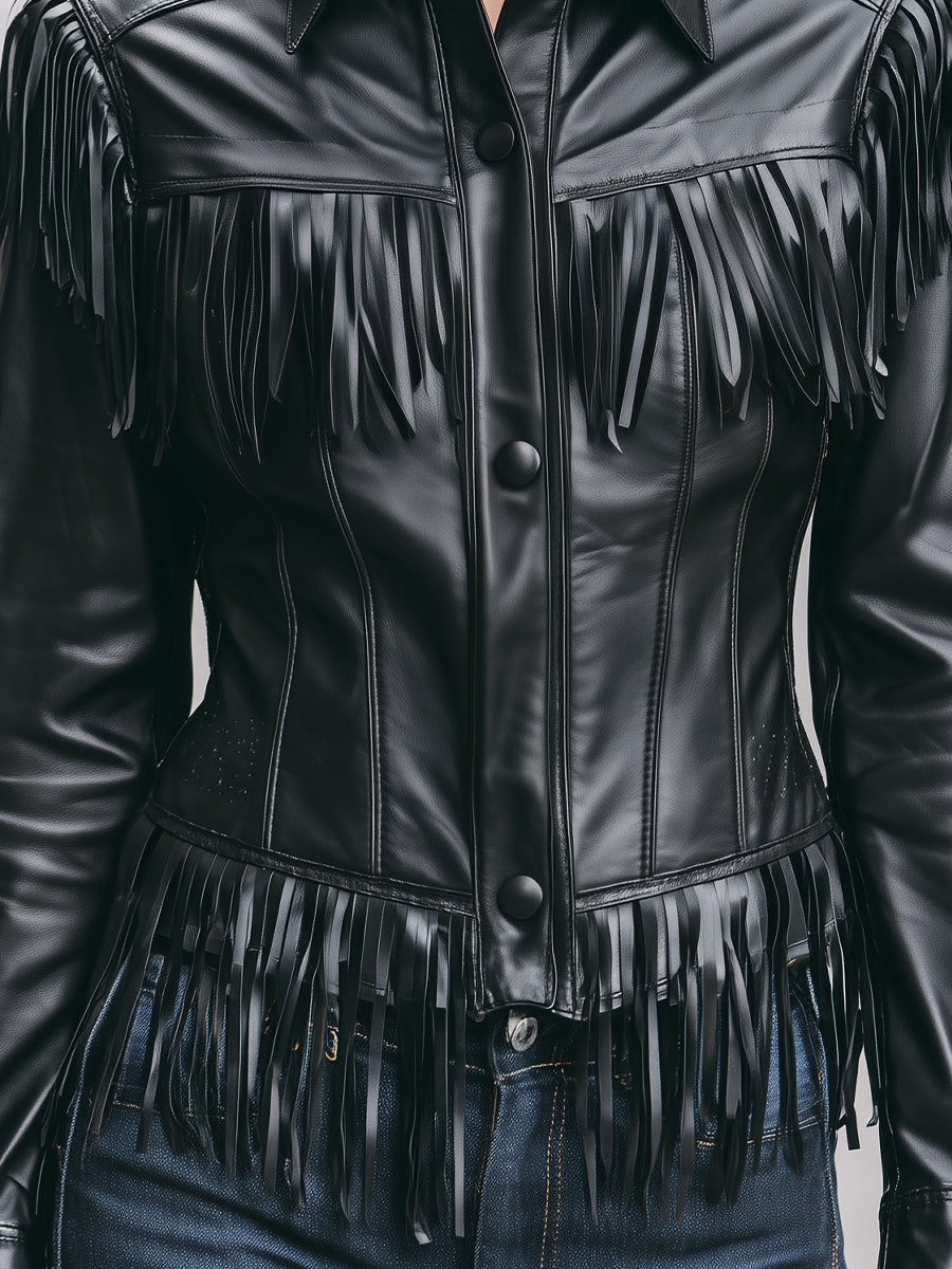 Mooyius Stylish Black Fringe  Faux Leather Jacket