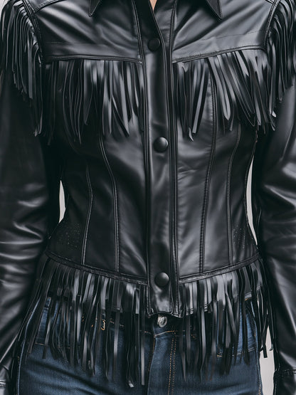 Mooyius Stylish Black Fringe  Faux Leather Jacket