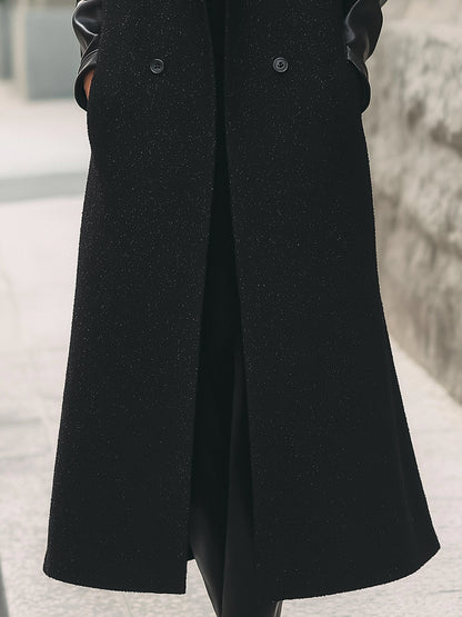 Wool-Blend Long Coat With Faux Leather Trim