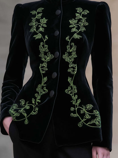 High Neck Velvet Embroidered Tailored Jacket
