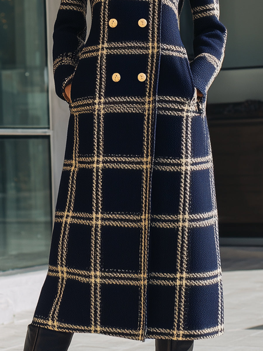 Navy Plaid Wool-Blend Double-Breasted Coat