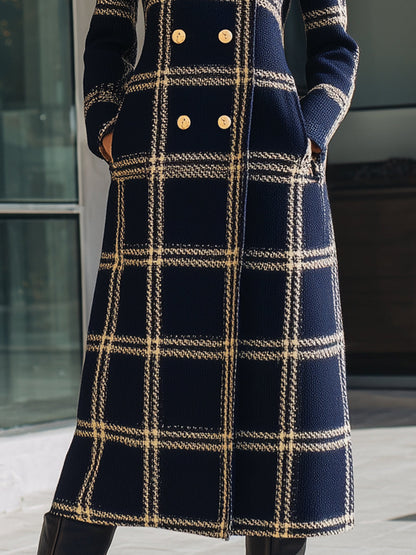 Navy Plaid Wool-Blend Double-Breasted Coat