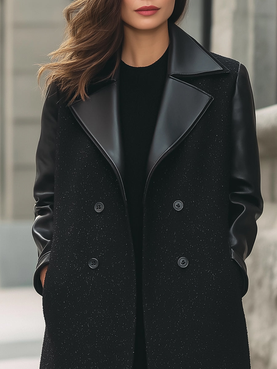 Wool-Blend Long Coat With Faux Leather Trim