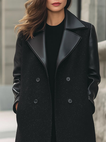 Wool-Blend Long Coat With Faux Leather Trim