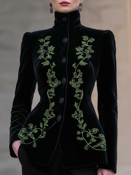 High Neck Velvet Embroidered Tailored Jacket