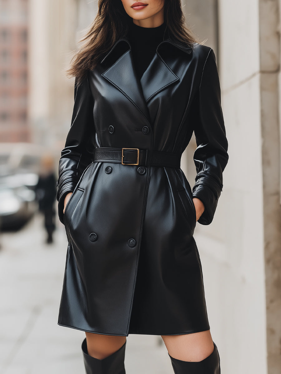 Faux Leather Double-Breasted Coat With Waist Belt