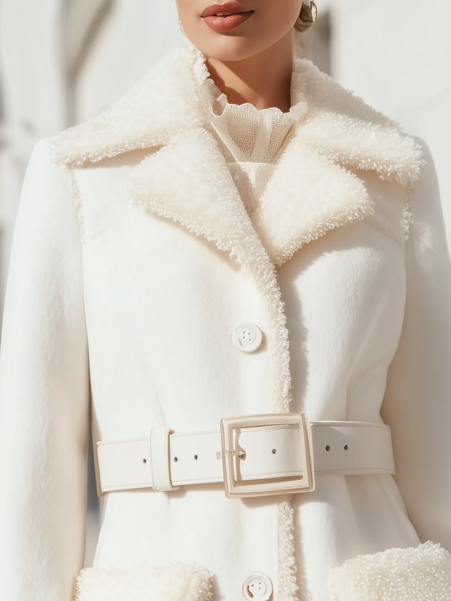 Winter White Belted Wool Coat With Faux Shearling Trim