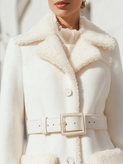 Winter White Belted Wool Coat With Faux Shearling Trim