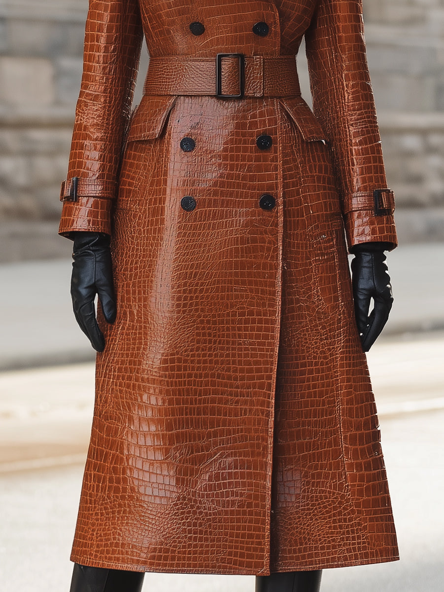 Croc-Embossed Faux Leather Trench Coat With Belted Waist