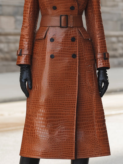 Croc-Embossed Faux Leather Trench Coat With Belted Waist