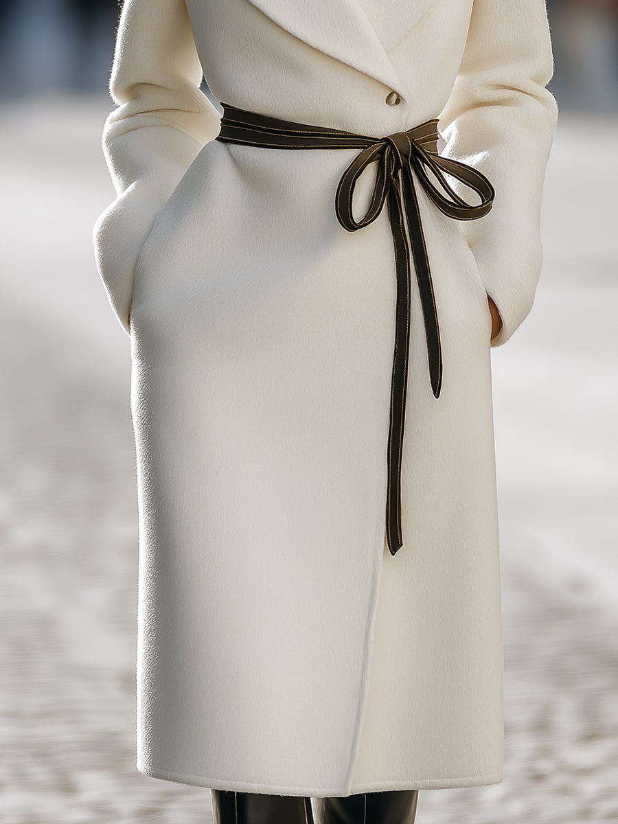 Ivory Wool-Blend Coat With Contrast Tie Belt