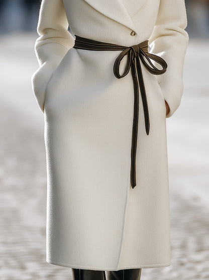 Ivory Wool-Blend Coat With Contrast Tie Belt