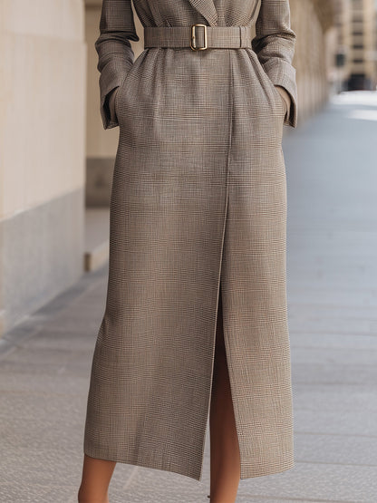 Structured Plaid Belted Longline Coat