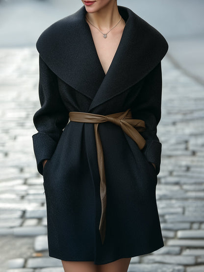 Black Shawl-Collar Belted Wrap Coat