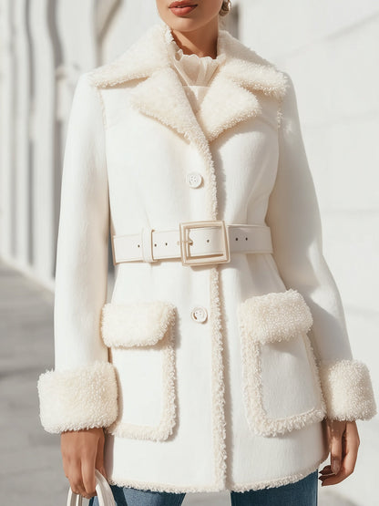Winter White Belted Wool Coat With Faux Shearling Trim