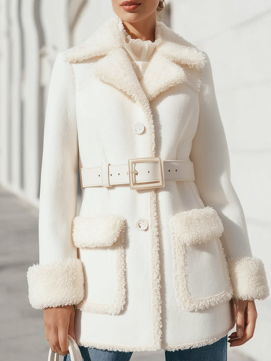Winter White Belted Wool Coat With Faux Shearling Trim