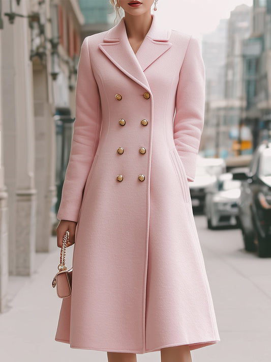 Elegant Double-Breasted Wool Coat In Blush Pink