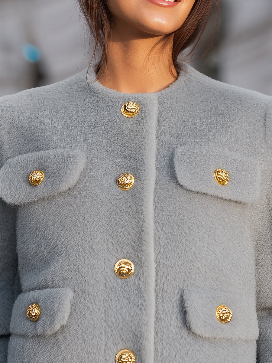 Chic Grey Faux Fur Jacket With Gold Button Details