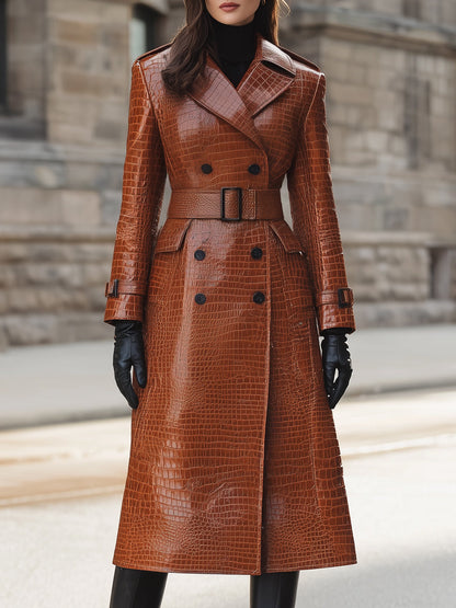 Croc-Embossed Faux Leather Trench Coat With Belted Waist