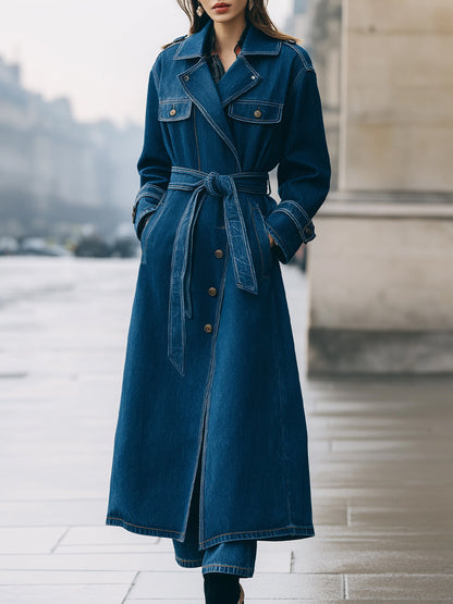 Longline Denim Trench Coat With Belt