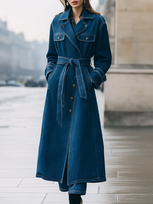 Longline Denim Trench Coat With Belt