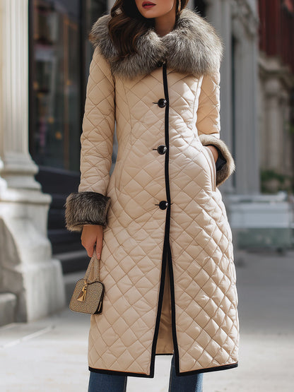 Luxury Quilted Long Coat With Faux Fur Trim In Beige