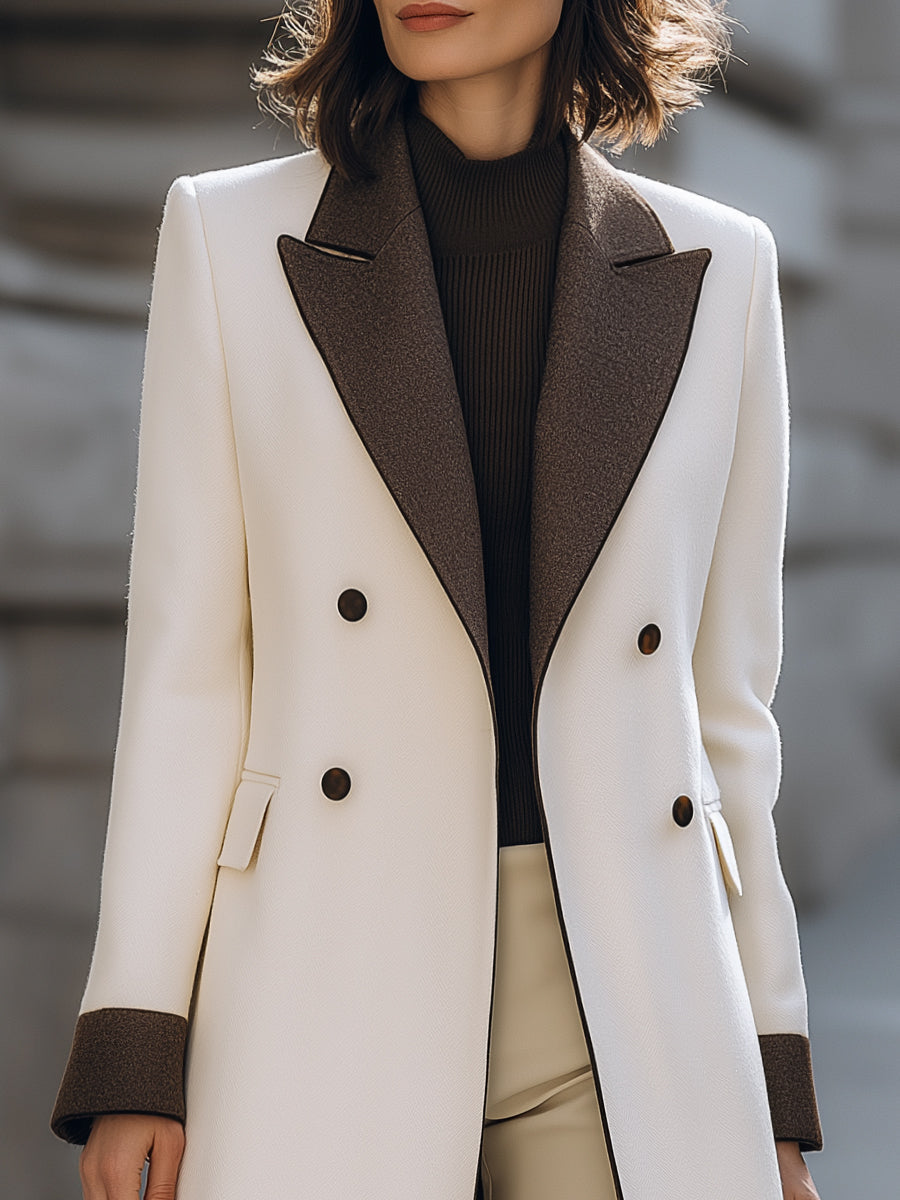 Wool-Blend Contrast Lapel Long Coat