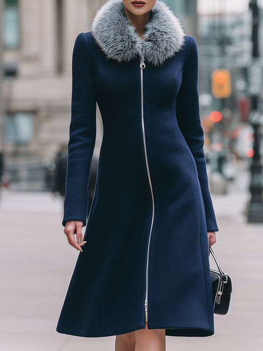 Sophisticated Navy Blue Coat With Faux Fur Collar