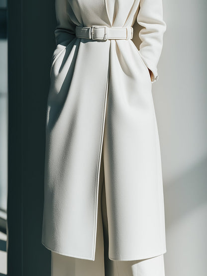 White Belted Minimalist Wool Coat