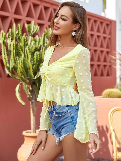 fermon - V neck wave point short flared sleeve top sexy pop up shirt women bandage blouse multicolor