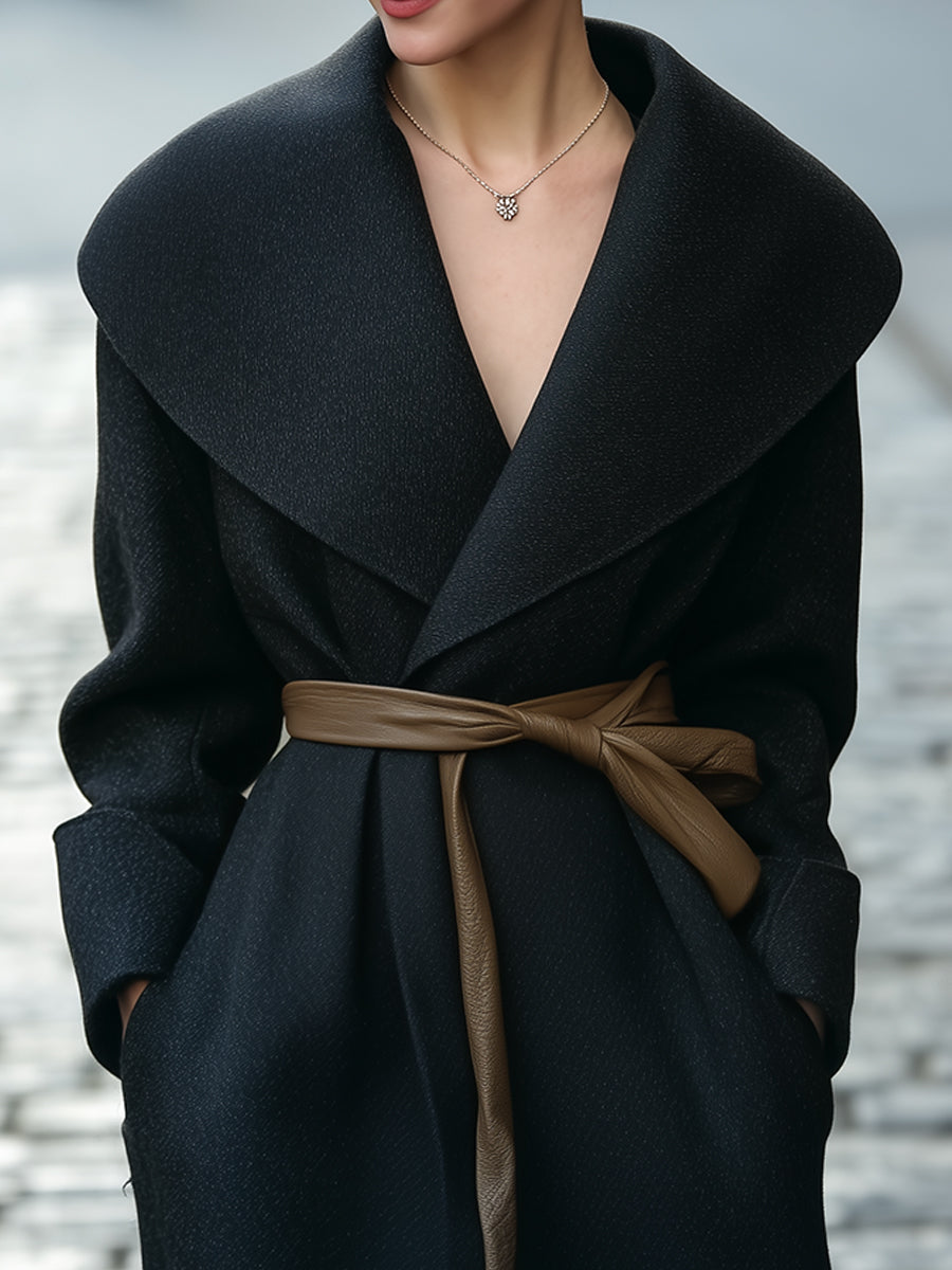 Black Shawl-Collar Belted Wrap Coat