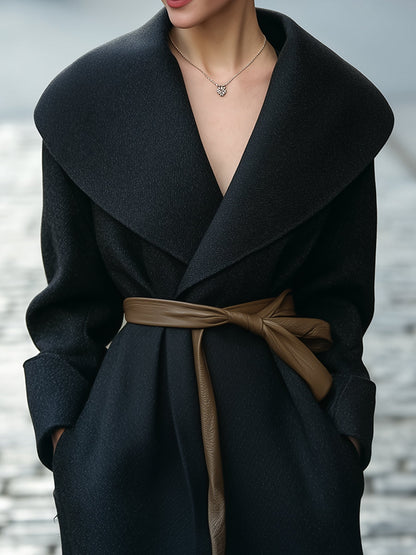 Black Shawl-Collar Belted Wrap Coat