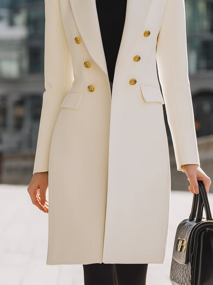 Elegant White Double-Breasted Blazer Coat With Gold Button Detailing